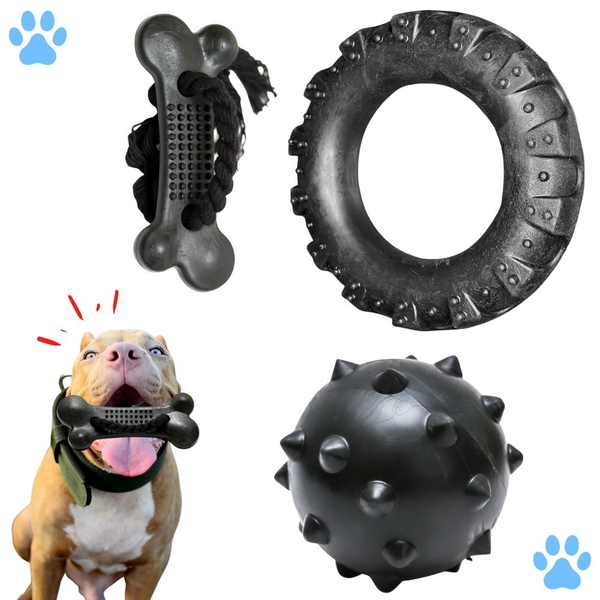 Kit Mordedor Resistente com Pneu, Osso e Bola Cravo para Cães – Lupzy™